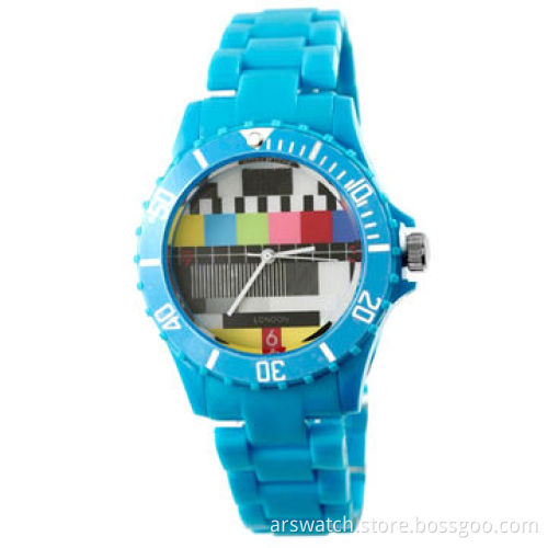 Colorful dial design quartz movement plastic watches in silicone strap and client's own logo